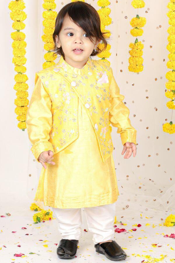 Floral Sequin Work Jacket With Yellow Kurta And Pyjama - Kirti Agarwal