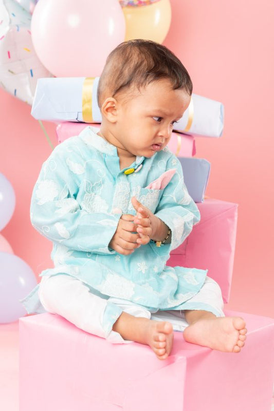 Floral Thread And Sequins Embroidered Blue Kurta With Dhoti - Kirti Agarwal