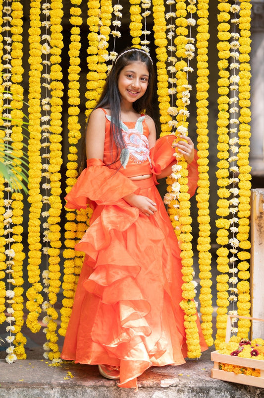 Flower Embroidered crop top with Lahenga and ruffle dupatta - Kirti Agarwal