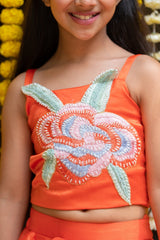 Flower Embroidered crop top with Lahenga and ruffle dupatta - Kirti Agarwal