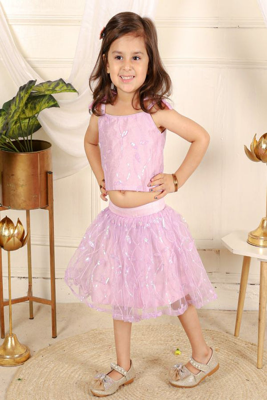Flower embroidered crop top with lavender embroidered net skirt - Kirti Agarwal