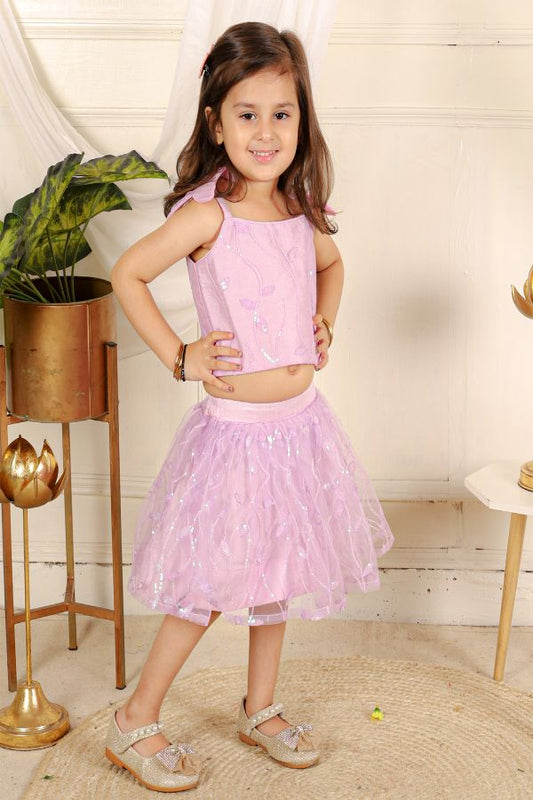 Flower embroidered crop top with lavender embroidered net skirt - Kirti Agarwal