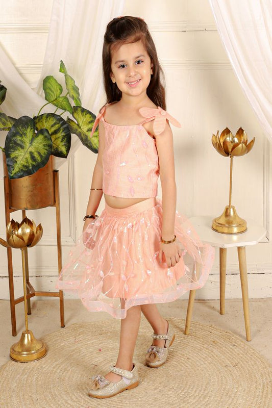 Flower embroidered crop top with peach embroidered net skirt - Kirti Agarwal