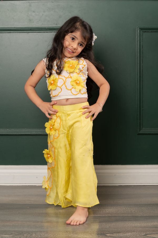 Flower Embroidered off white top with yellow pants having flower embroidery - Kirti Agarwal