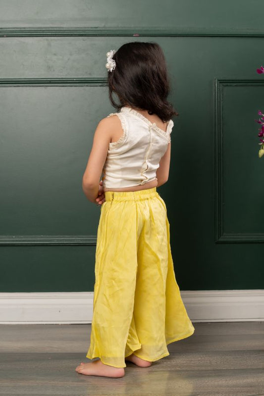 Flower Embroidered off white top with yellow pants having flower embroidery - Kirti Agarwal