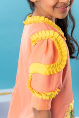 Flower embroidered orange frock with yellow pleats on top - Kirti Agarwal
