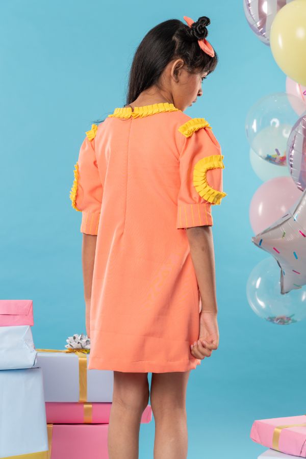 Flower embroidered orange frock with yellow pleats on top - Kirti Agarwal