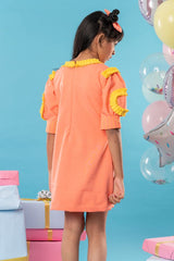 Flower embroidered orange frock with yellow pleats on top - Kirti Agarwal