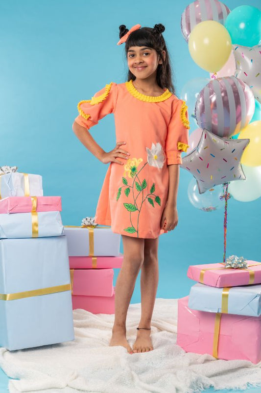 Flower embroidered orange frock with yellow pleats on top - Kirti Agarwal