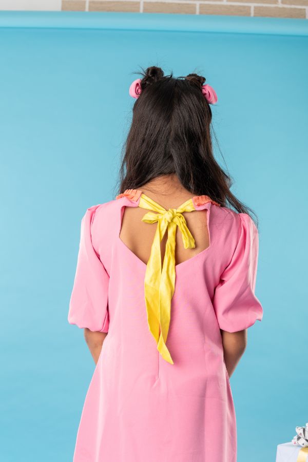 Flower embroidered pink frock with pleats on top and hem - Kirti Agarwal