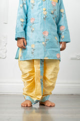 Flower Embroidery Blue Kurta with Yellow Dhoti - Kirti Agarwal