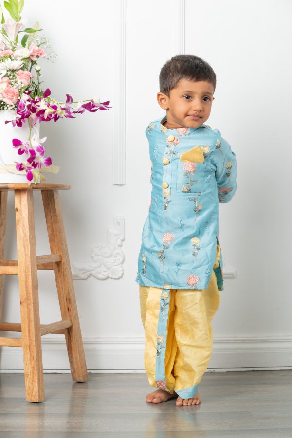 Flower Embroidery Blue Kurta with Yellow Dhoti - Kirti Agarwal