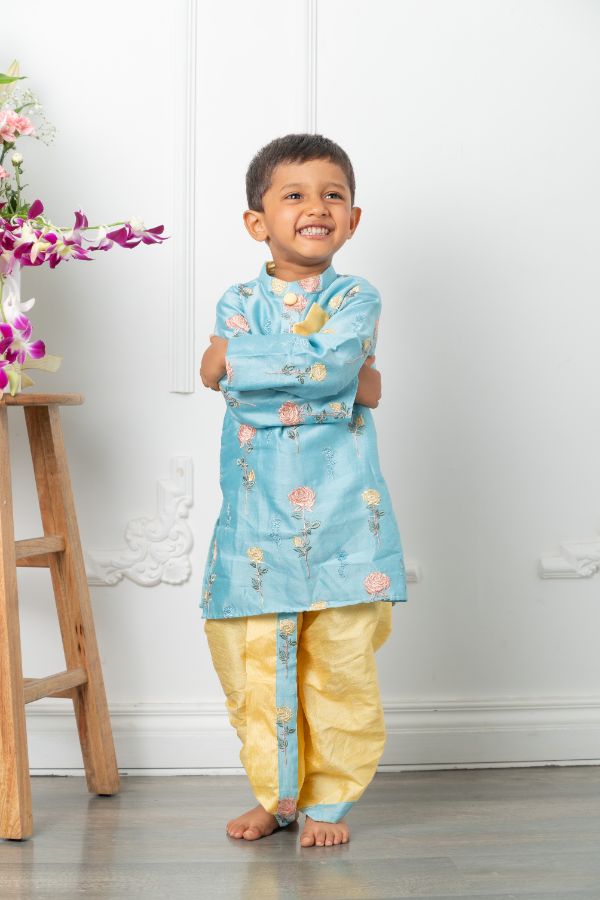 Flower Embroidery Blue Kurta with Yellow Dhoti - Kirti Agarwal