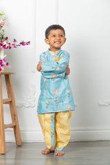 Flower Embroidery Blue Kurta with Yellow Dhoti - Kirti Agarwal