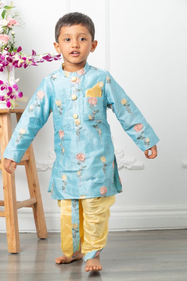 Flower Embroidery Blue Kurta with Yellow Dhoti - Kirti Agarwal