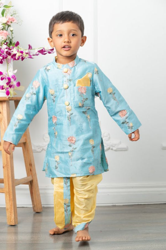 Flower Embroidery Blue Kurta with Yellow Dhoti - Kirti Agarwal