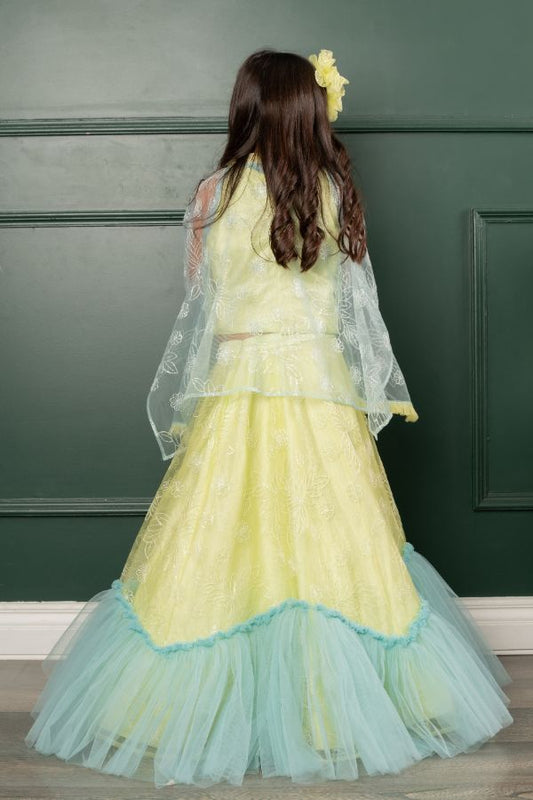 Frilled cape with heavy embroidered crop top and lahenga - Kirti Agarwal