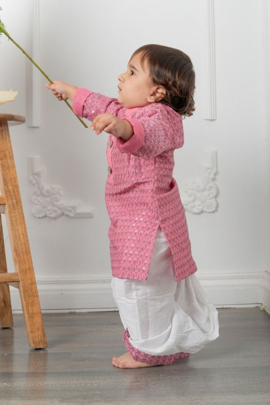 Grey thread work pink kurta with dhoti - Kirti Agarwal