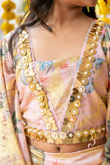 Heart Shaped Mirror Embellished Top With Floral print Lehenga - Kirti Agarwal