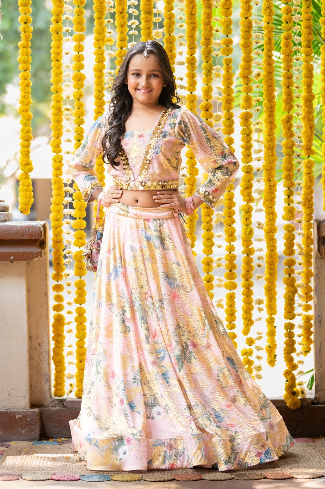 Heart Shaped Mirror Embellished Top With Floral print Lehenga - Kirti Agarwal