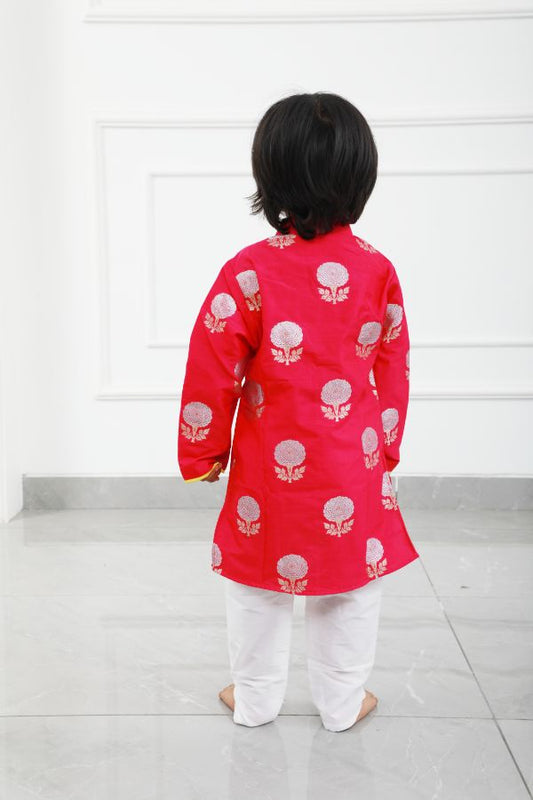 Hot Pink Floral Brocade Kurta With Pyjama - Kirti Agarwal