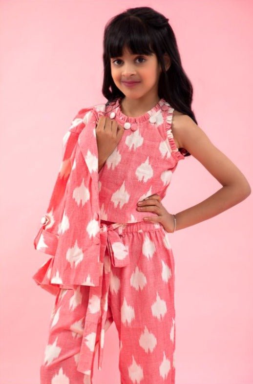 Ikkat Printed Cotton Baby Pink Top With Notch Collar Jacket And Knot Detail Pant - Kirti Agarwal