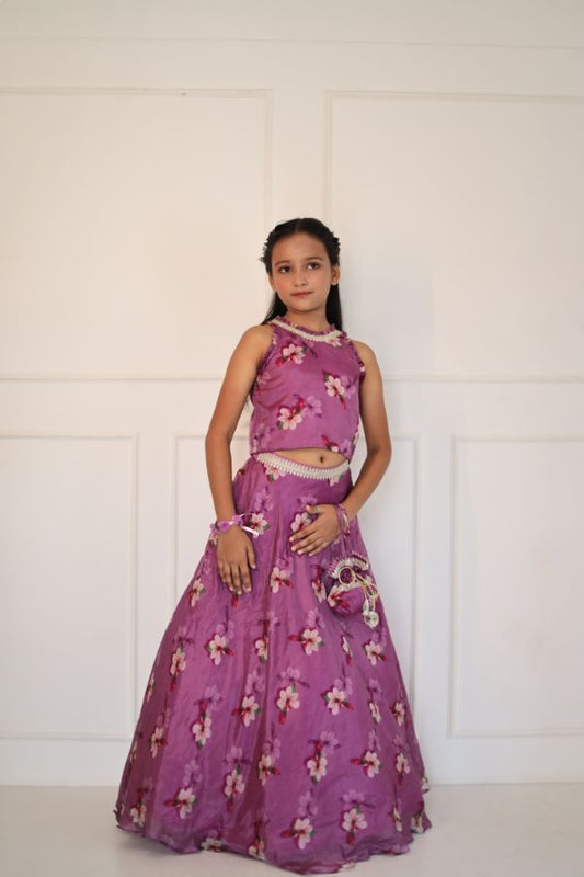 Lavender Printed Organza Ghagra with crop top and Potli - Kirti Agarwal