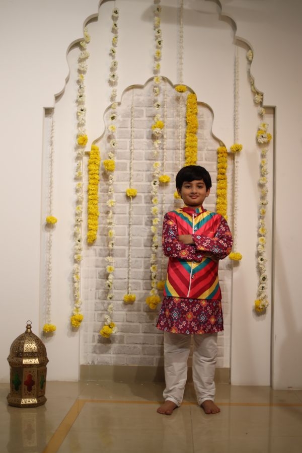 Multicolour Cross Printed Jacket with Patola print Kurta and Pyjama - Kirti Agarwal