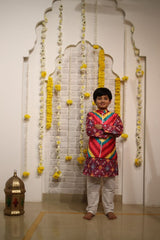 Multicolour Cross Printed Jacket with Patola print Kurta and Pyjama - Kirti Agarwal