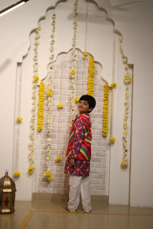 Multicolour Cross Printed Jacket with Patola print Kurta and Pyjama - Kirti Agarwal