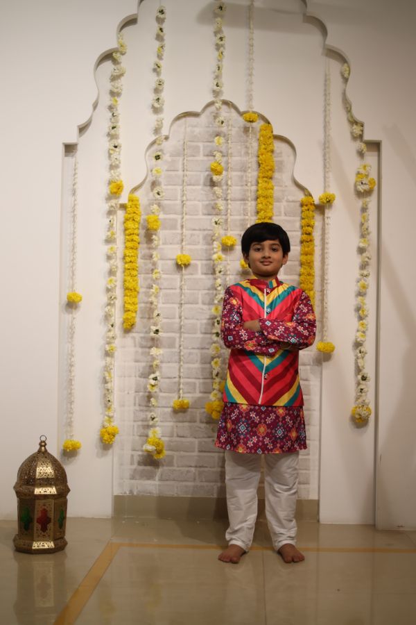 Multicolour Cross Printed Jacket with Patola print Kurta and Pyjama - Kirti Agarwal