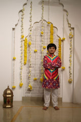 Multicolour Cross Printed Jacket with Patola print Kurta and Pyjama - Kirti Agarwal