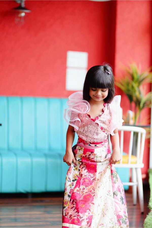 Multicolour Lahenga with Embroidered blouse and ruffled sleeves top. - Kirti Agarwal