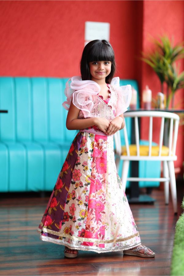 Multicolour Lahenga with Embroidered blouse and ruffled sleeves top. - Kirti Agarwal