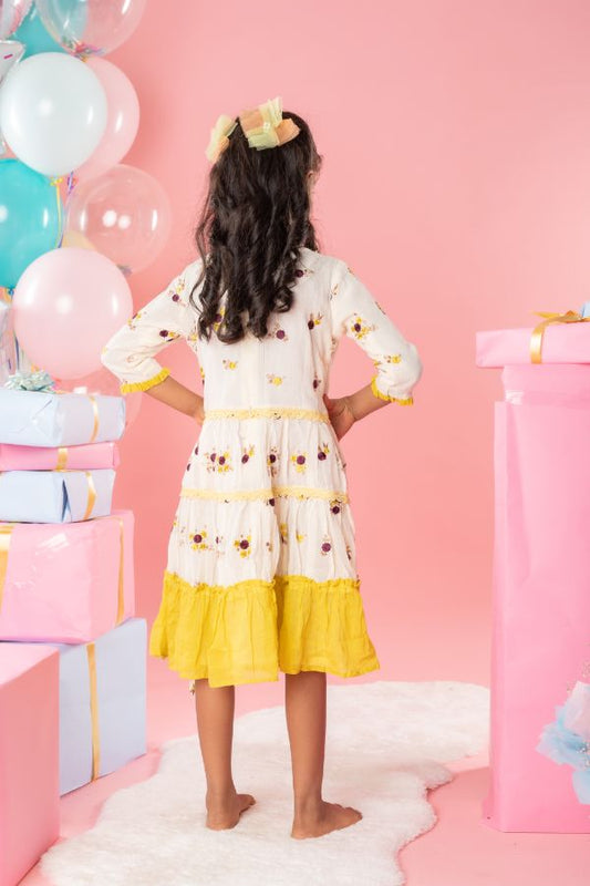 Off White Embroidered Ruffled Hem Dress with flower embroidery - Kirti Agarwal