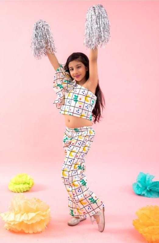 One off shoulder check print crop with pants - Kirti Agarwal