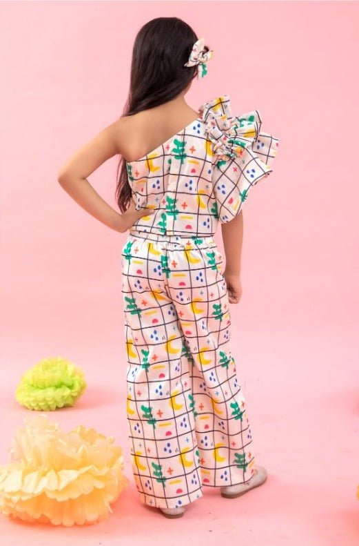One off shoulder check print crop with pants - Kirti Agarwal