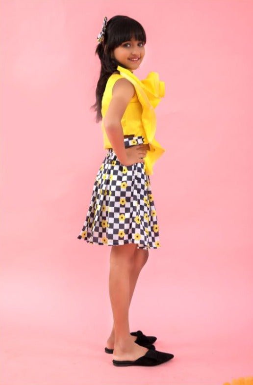 One Off shoulder flarry flowered crop top with box pleat skirts - Kirti Agarwal