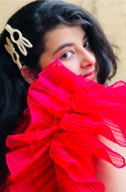 One Off Shoulder Flowered Frock With Ruffled Sleeves - Kirti Agarwal