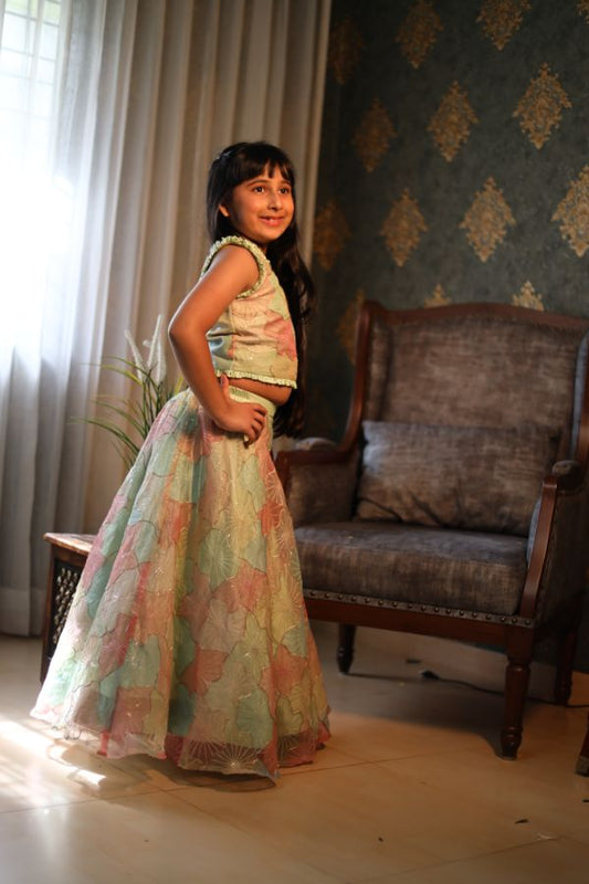 Organza Embroidered one off shoulder top with Embroidered Lehenga - Kirti Agarwal