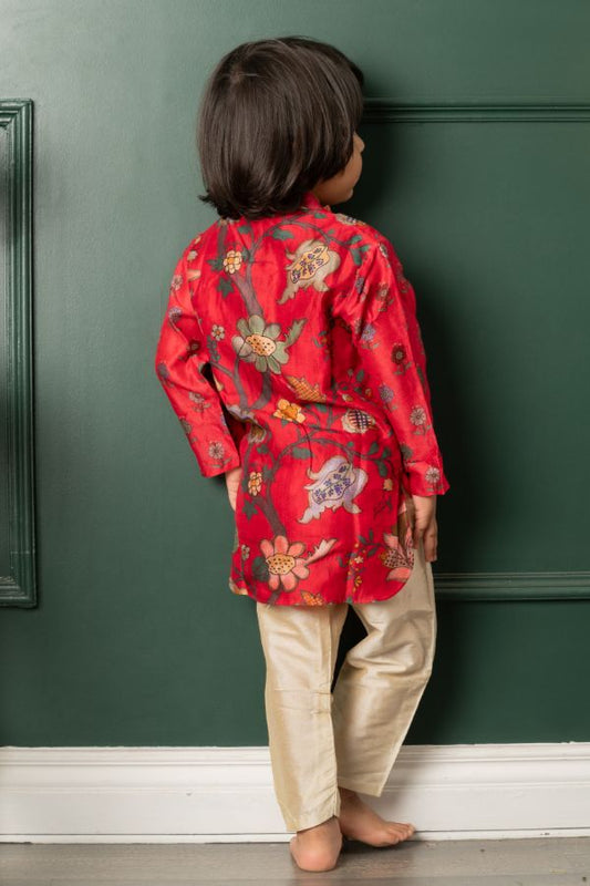 Patch Pocket Detail Red High Low Kurta And Pyjama - Kirti Agarwal