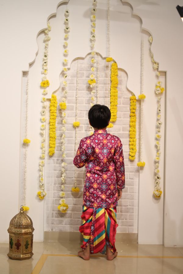 Patola Printed Asymmetric Kurta And Multicolour Striped Dhoti - Kirti Agarwal