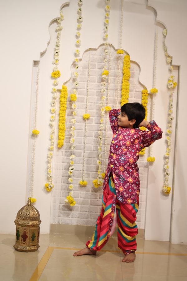 Patola Printed Asymmetric Kurta And Multicolour Striped Dhoti - Kirti Agarwal