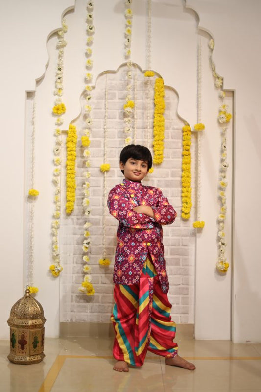 Patola Printed Asymmetric Kurta And Multicolour Striped Dhoti - Kirti Agarwal