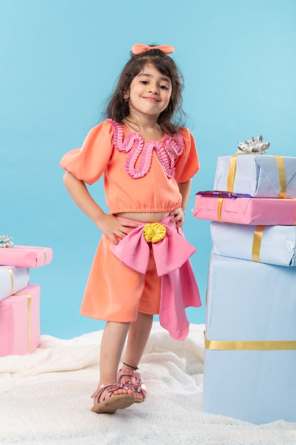 Patterned orange crop top with bow pleated Skirt - Kirti Agarwal