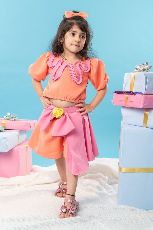 Patterned orange crop top with bow pleated Skirt - Kirti Agarwal