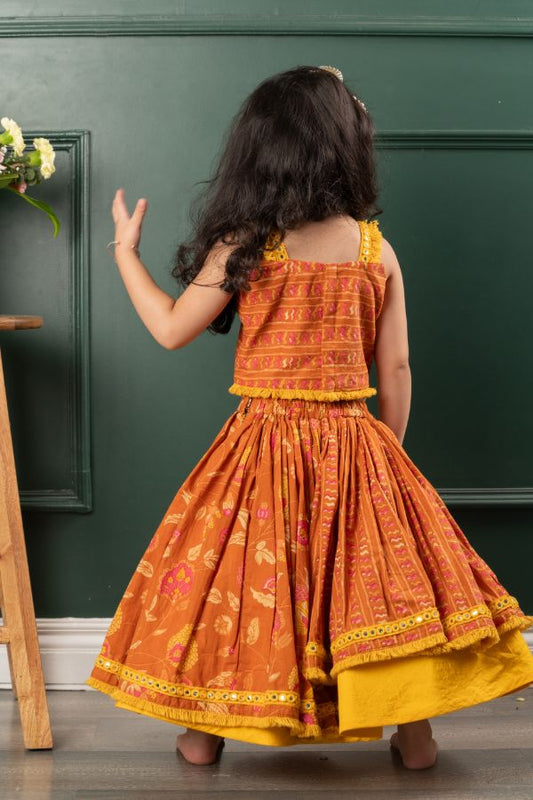 Pure Cotton Fringes Strap Brown Top And Lehenga With Net Dupatta - Kirti Agarwal