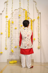 Red Kurta With Off White Floral And Sequins Embroidered Jacket And Pyjama - Kirti Agarwal
