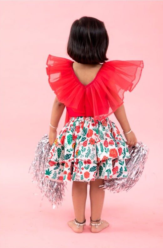 Red Layered Organza top with Flower print Skirt - Kirti Agarwal