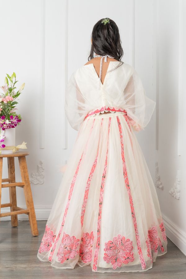 Round Neck off white Top And Floral Applique Embroidered Lehenga - Kirti Agarwal